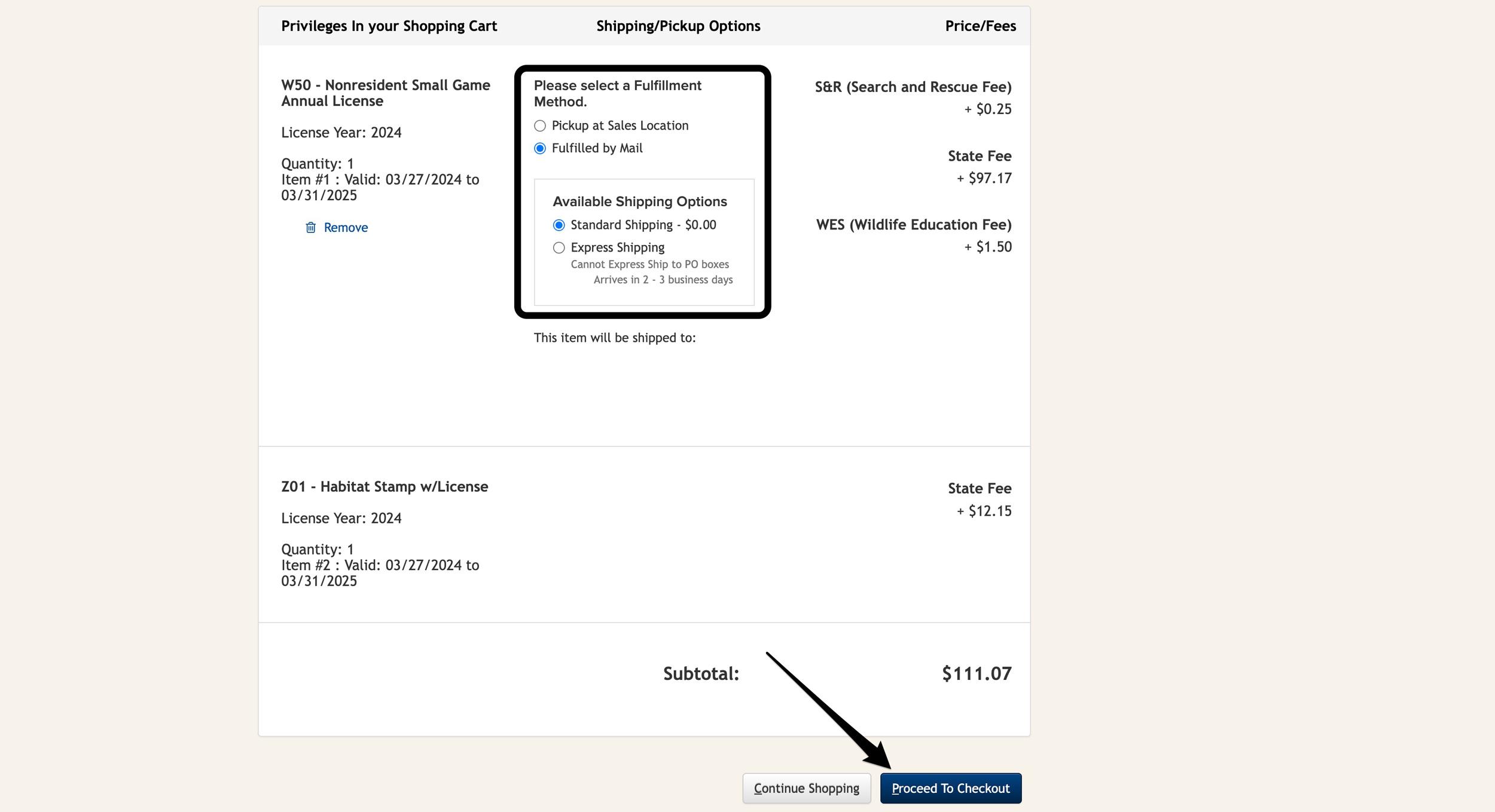 Select fulfillment method for mailing Colorado small game license