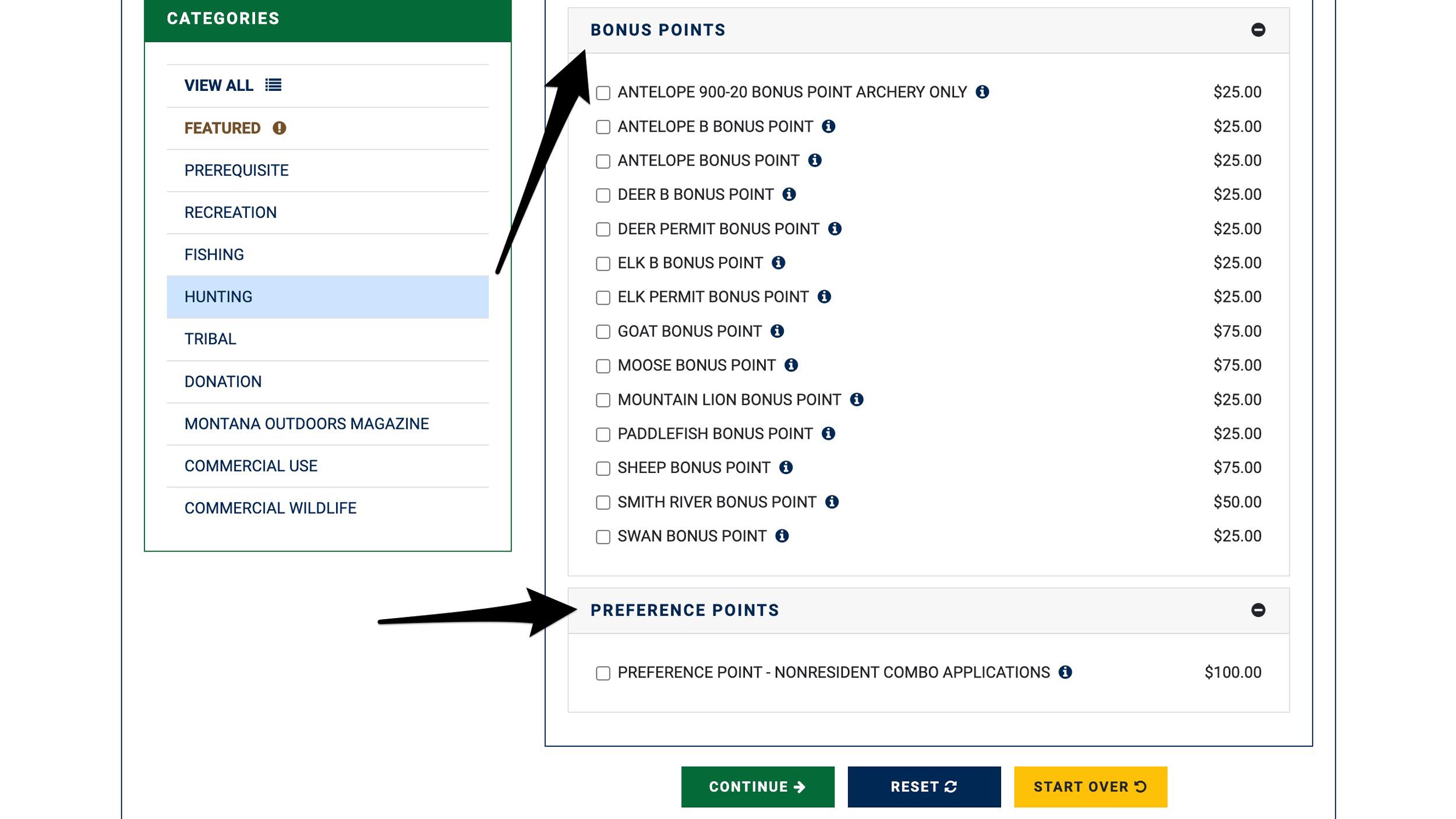 Purchasing Montana hunting bonus points and preference points selection page