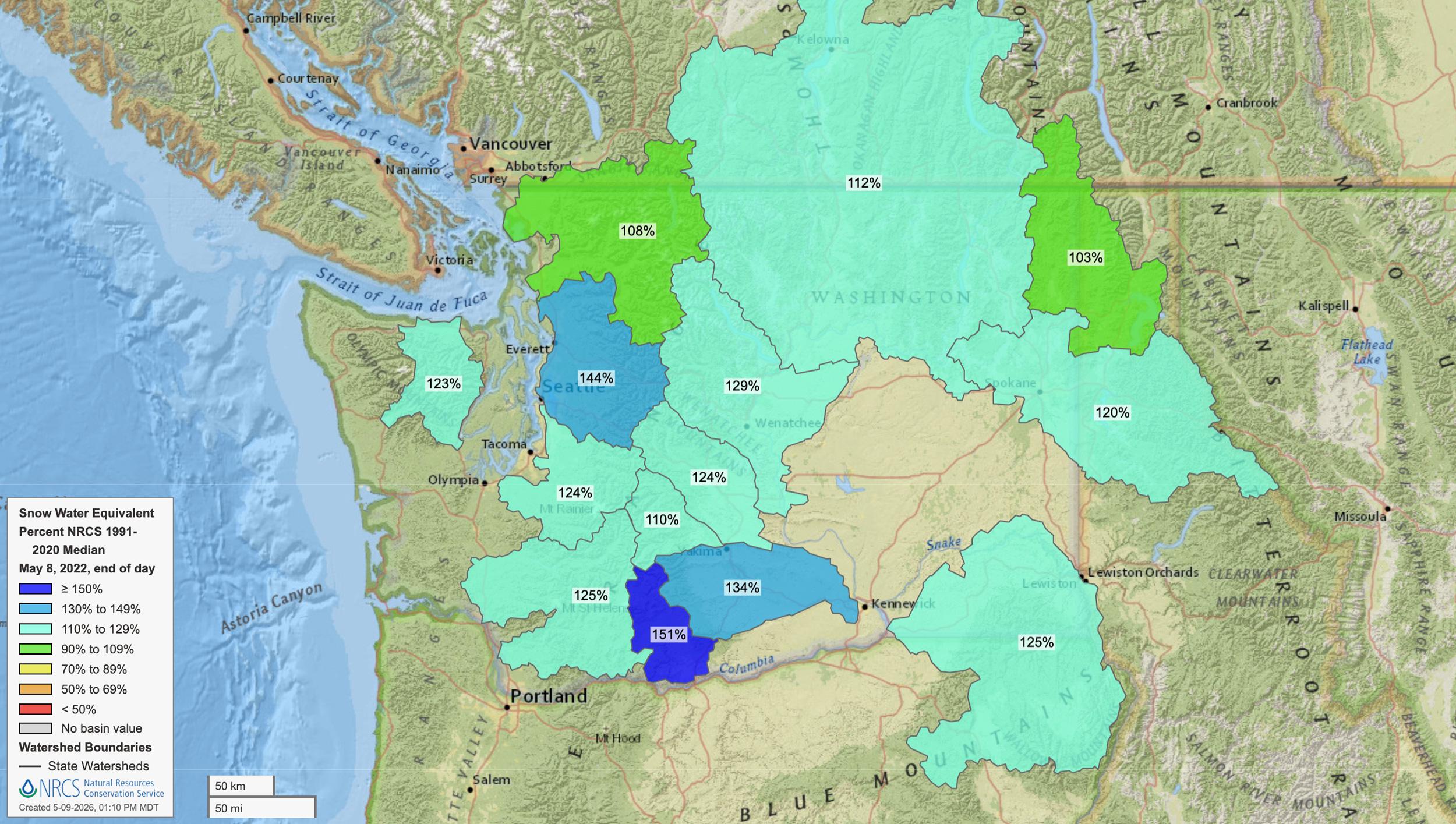 Washington early May 2022 snow water equivalent map