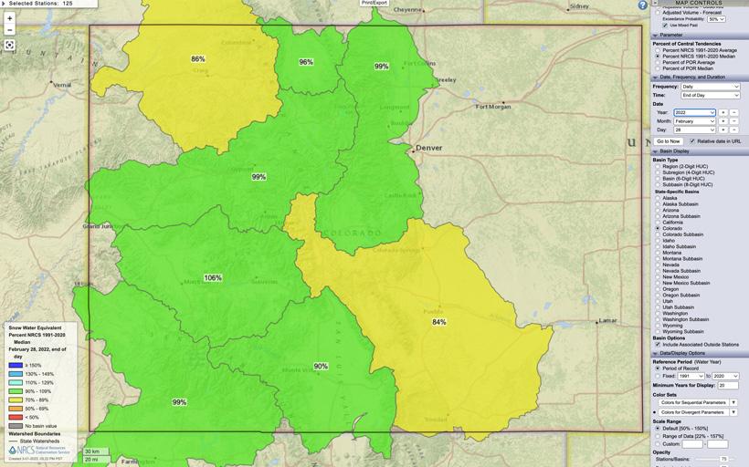 Colorado February 28, 2022 snow water equivalent percent map