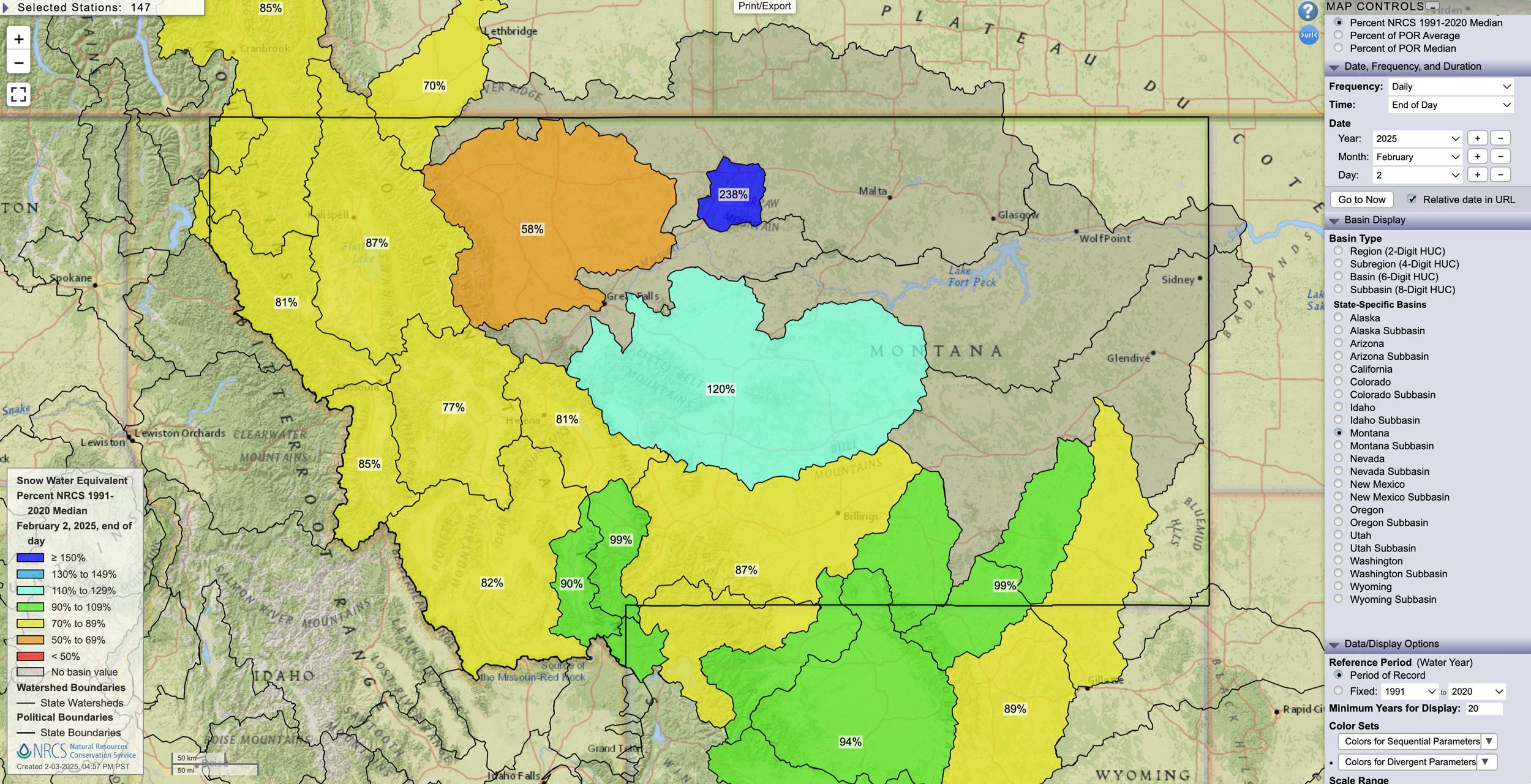 Montana February 2, 2025 snow water equivalent percent map