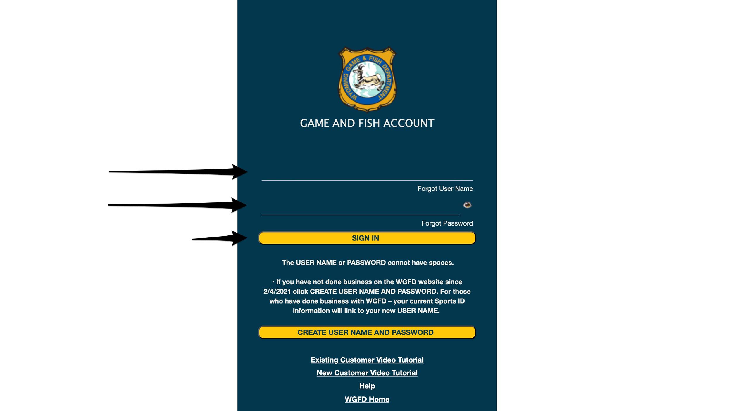 Wyoming Game and Fish Department account sign in page