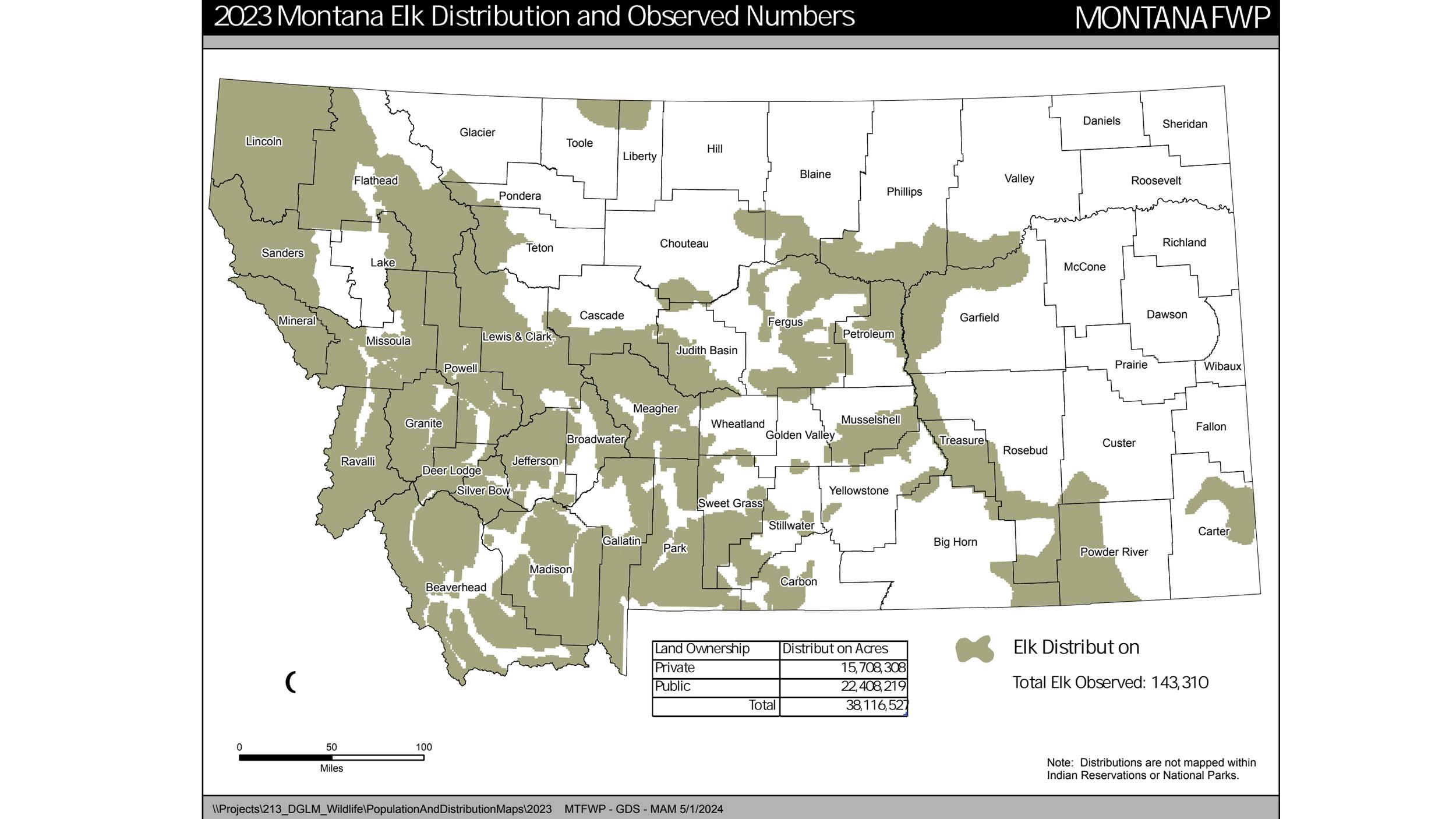 2023 Montana elk distribution and observed numbers
