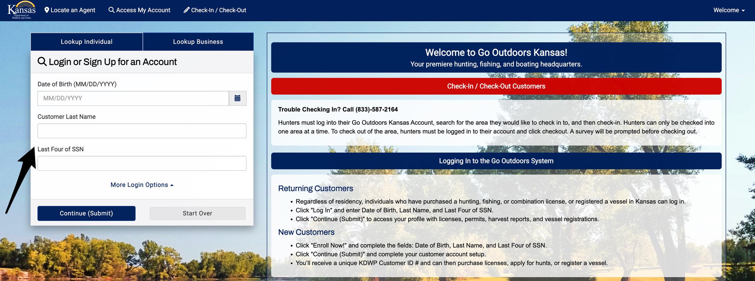 Entering information to log in to your Go Outdoors Kansas hunting account