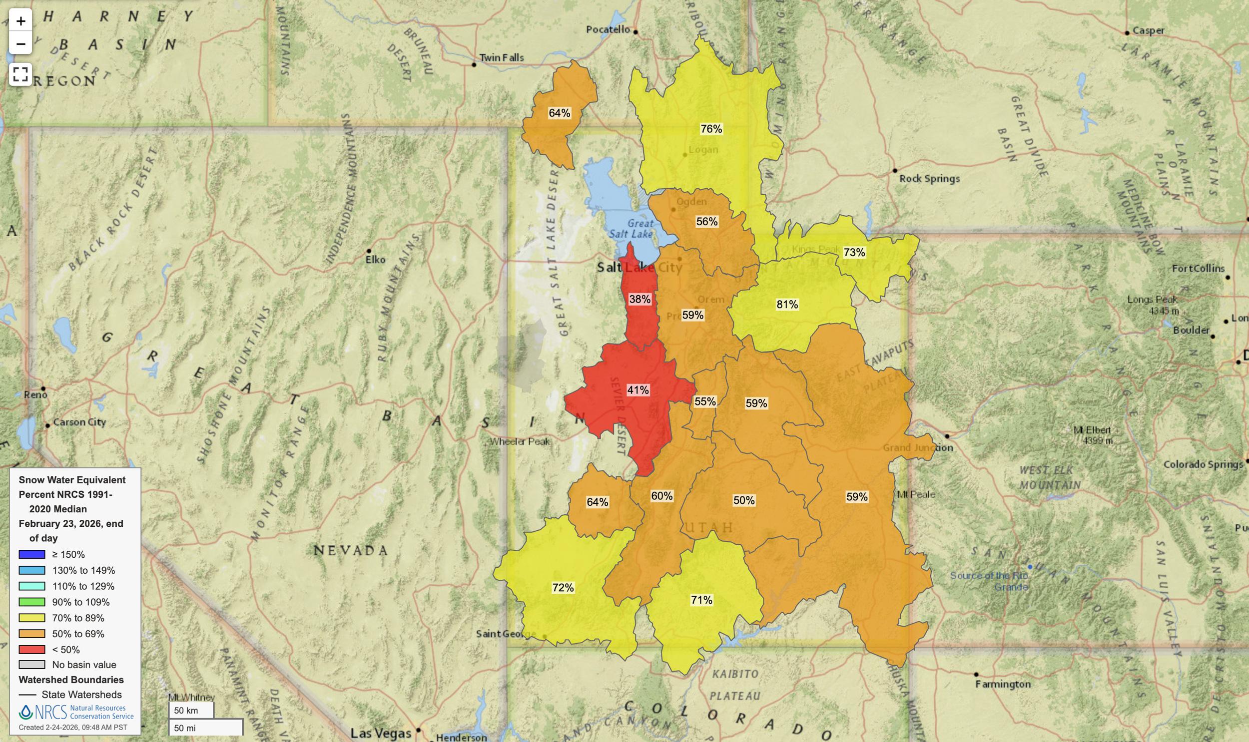 Utah late February 2026 snow water equivalent map