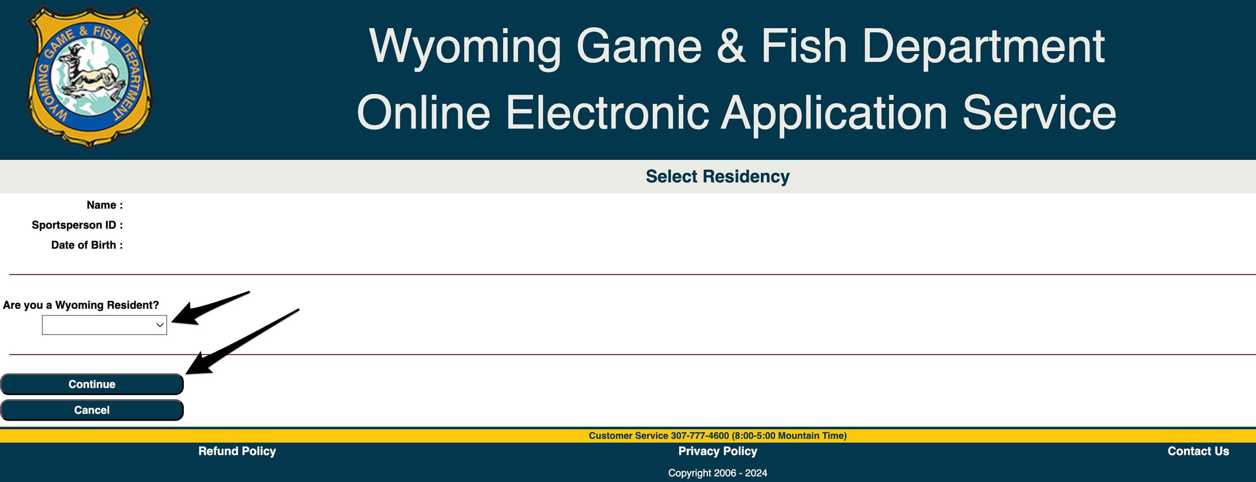 Selecting your Wyoming residency when purchasing preference points