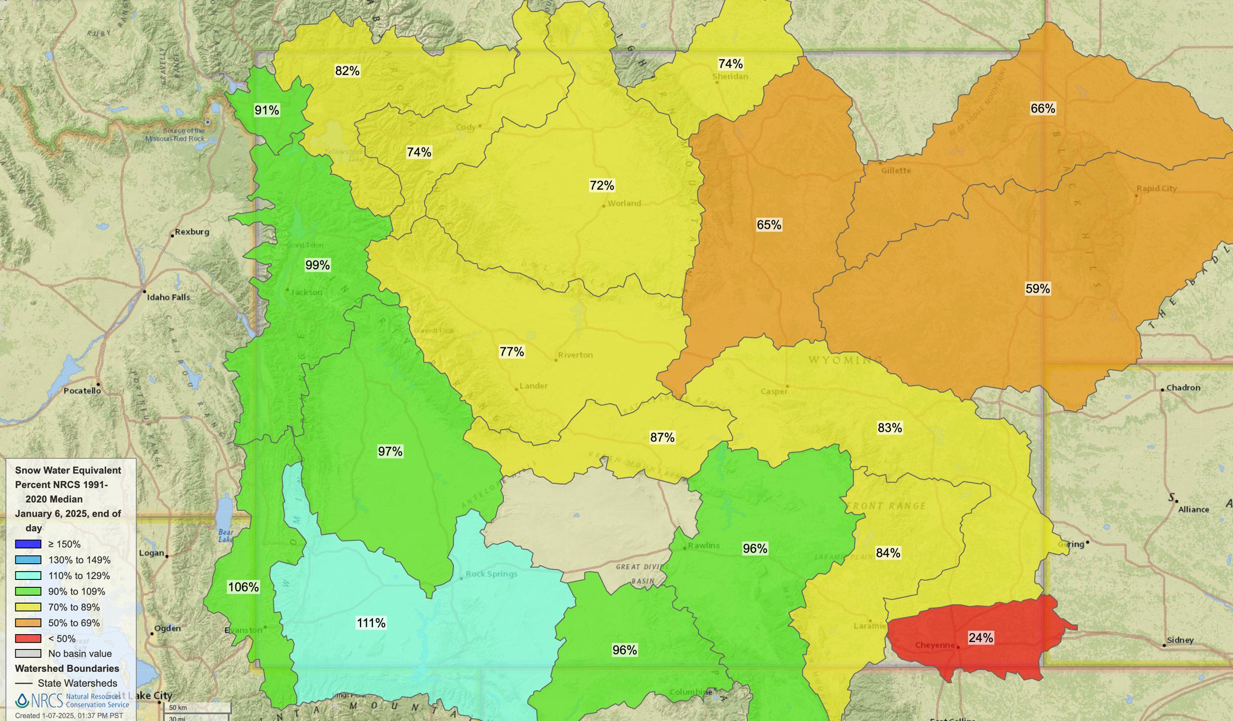 January 2025 Wyoming snow water equivalent percent of normal