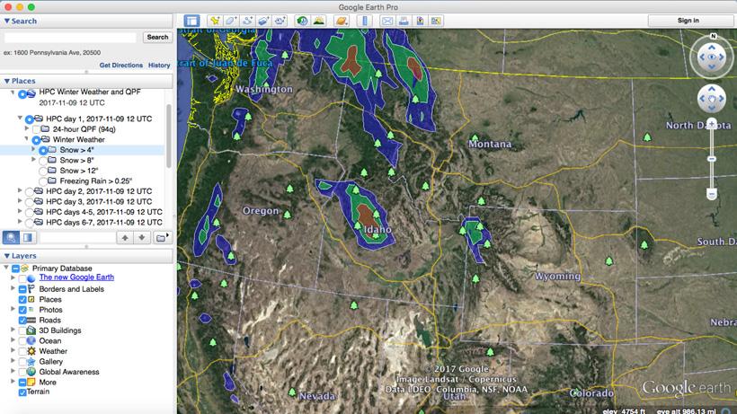 Google earth layer showing winter outlook forecast