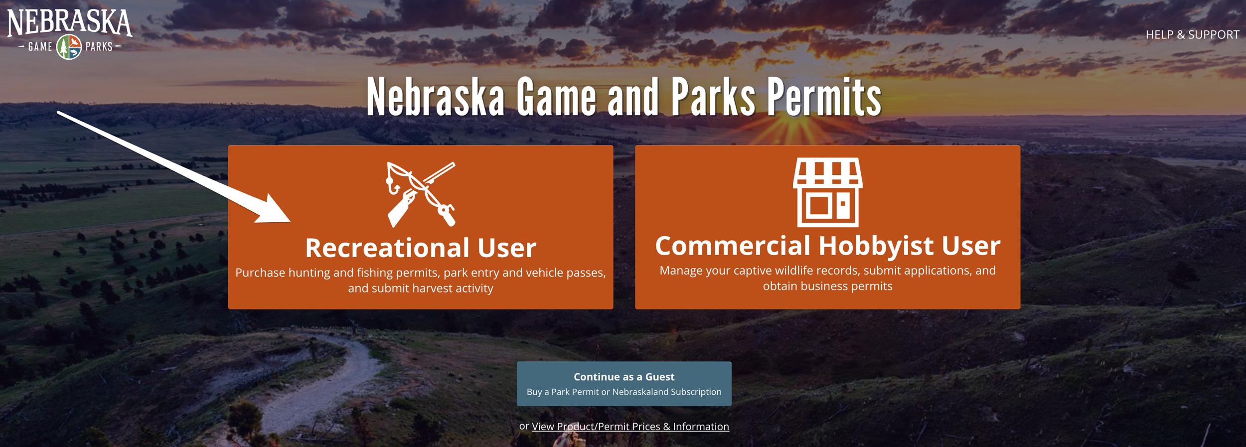 Nebraska Game and Parks licensing login page