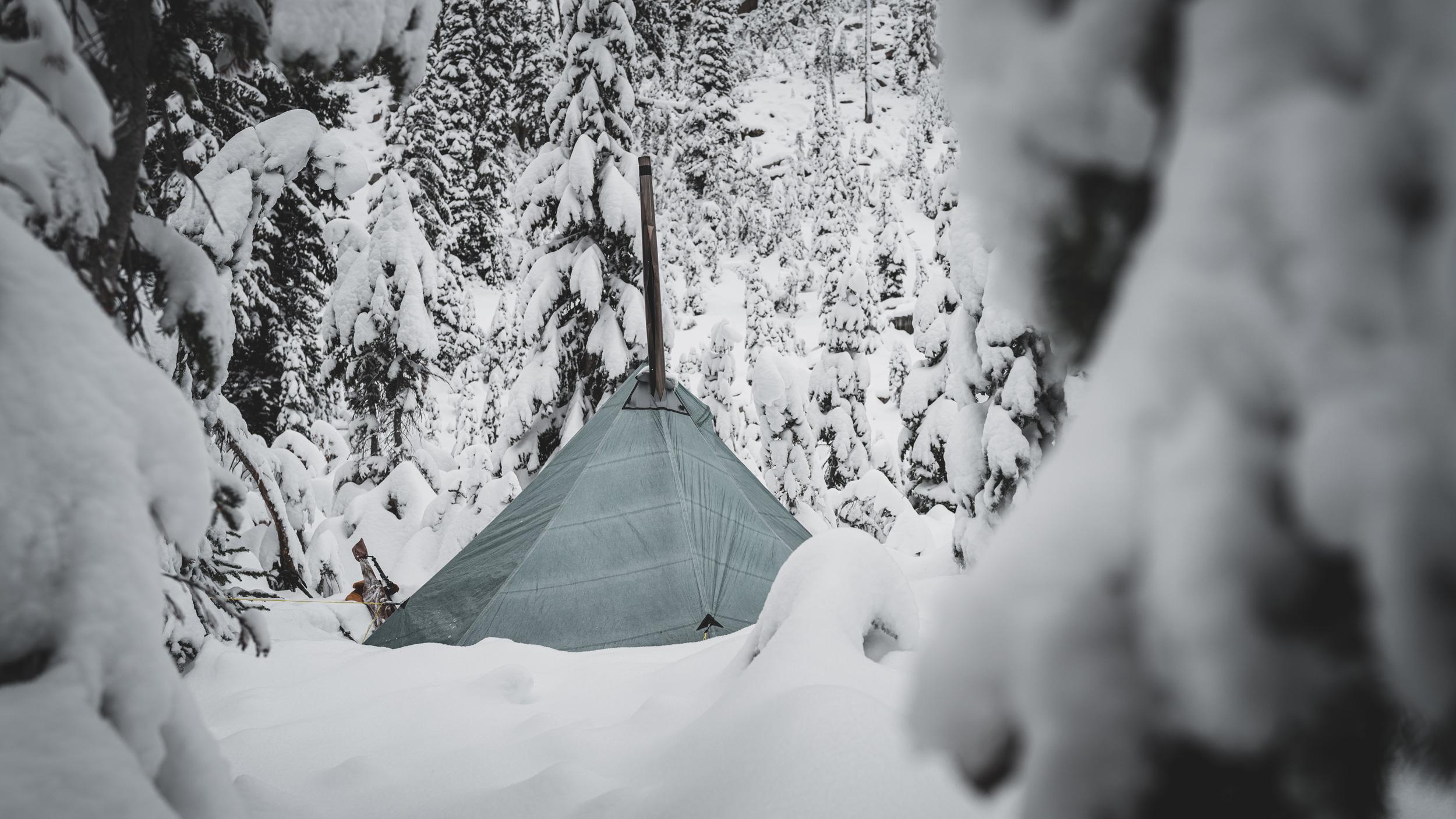 Tipi and stove setup for late season mule deer hunting