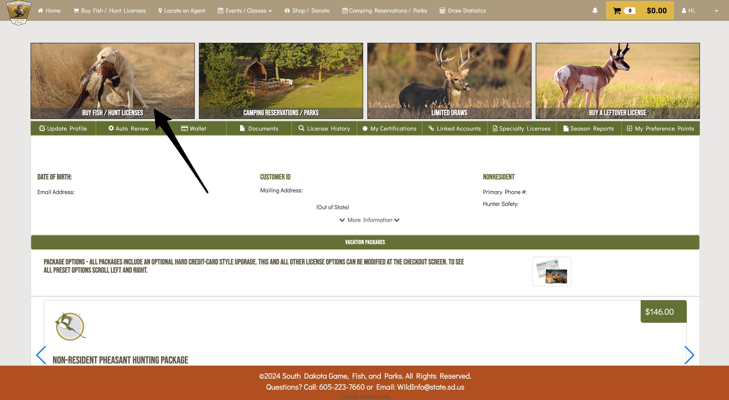 Section where you can purchase South Dakota hunting preference points