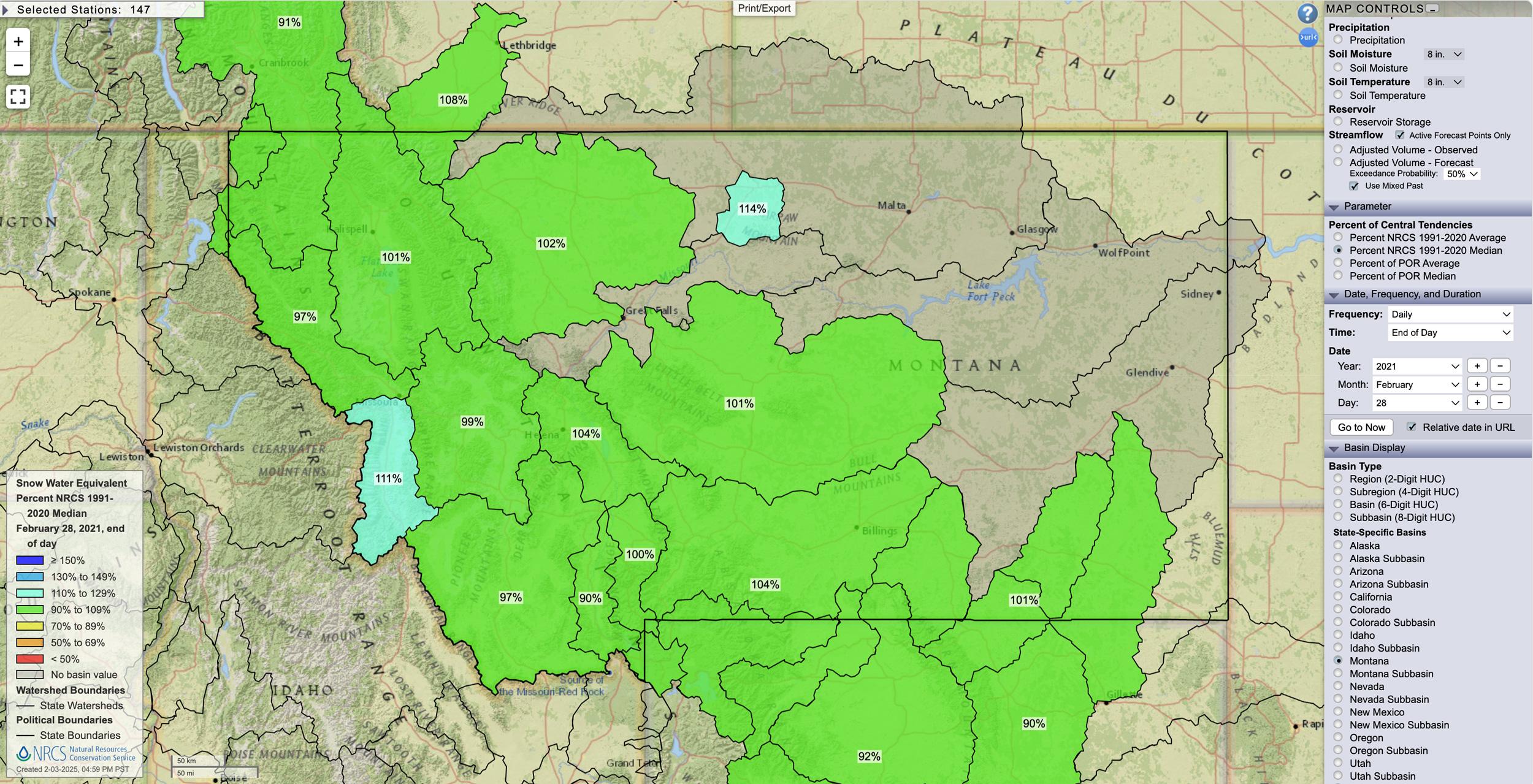 Montana February 28, 2021 snow water equivalent percent map