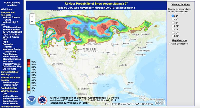 Probability of snow accumulating greater than two inches