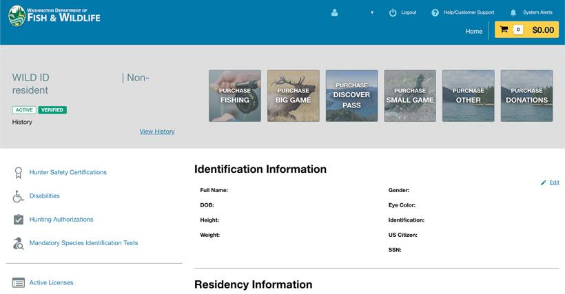 Personal account page for washington hunting licenses