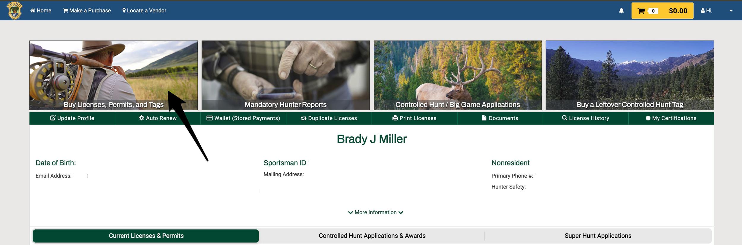 Idaho Fish and Game licensing account where you'll attempt to buy your general season nonresident deer or elk tag