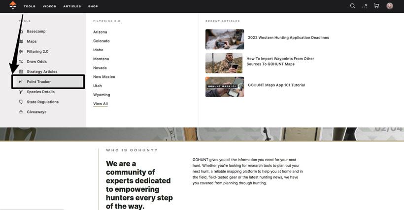 Accessing gohunt point tracker from dropdown header