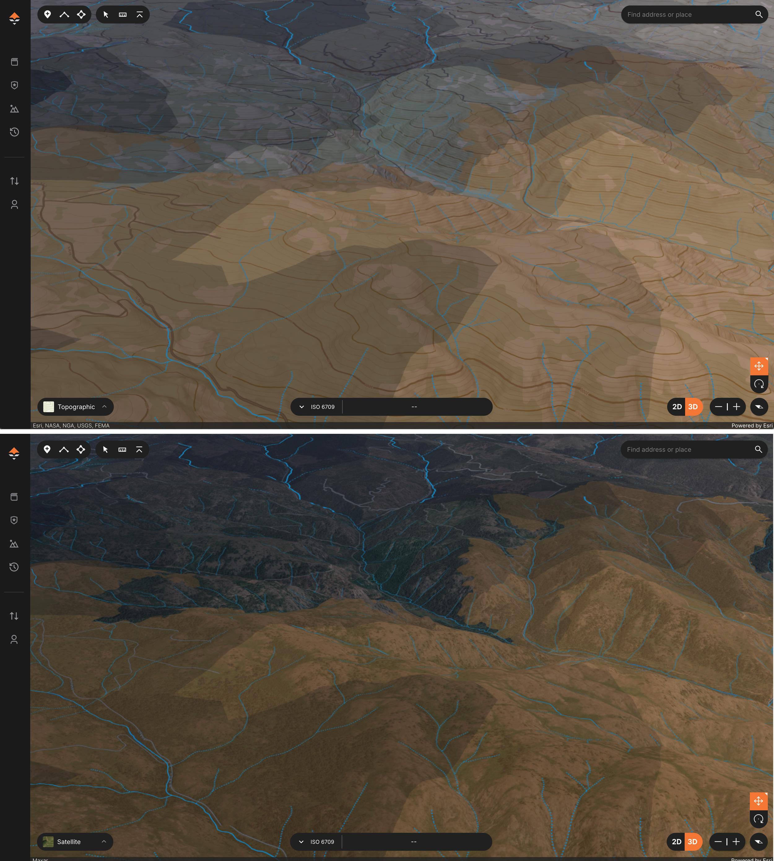 Road Density layer with public land and wildfire layer on satellite and topo basemaps