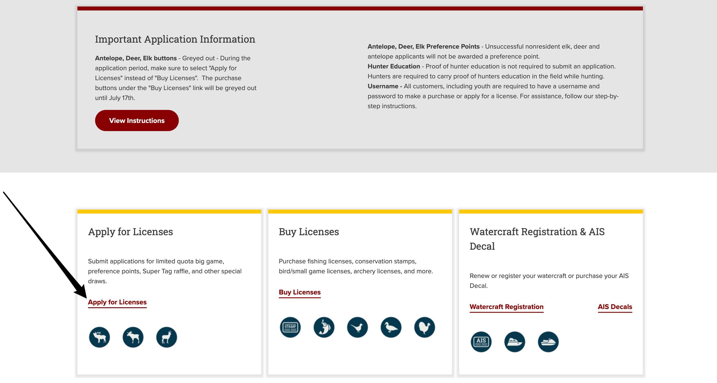Apply for License section to purchase Wyoming preference points for future hunts