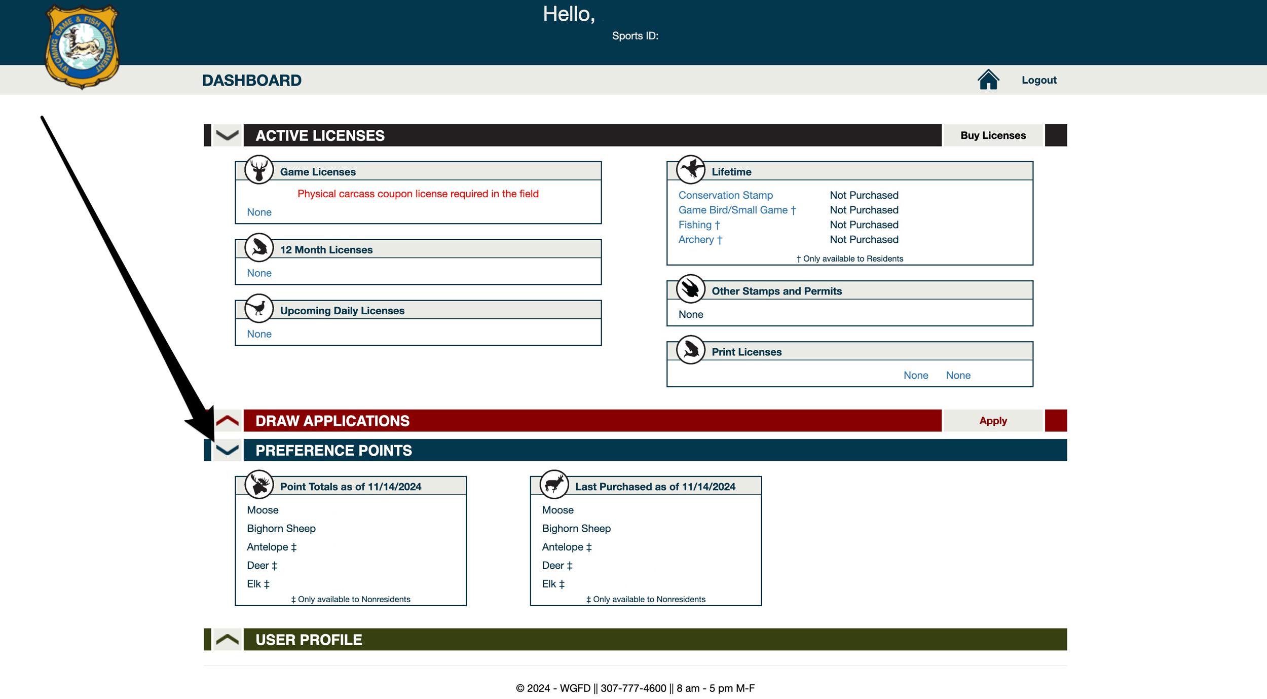 Wyoming account dashboard showing your hunting preference point totals