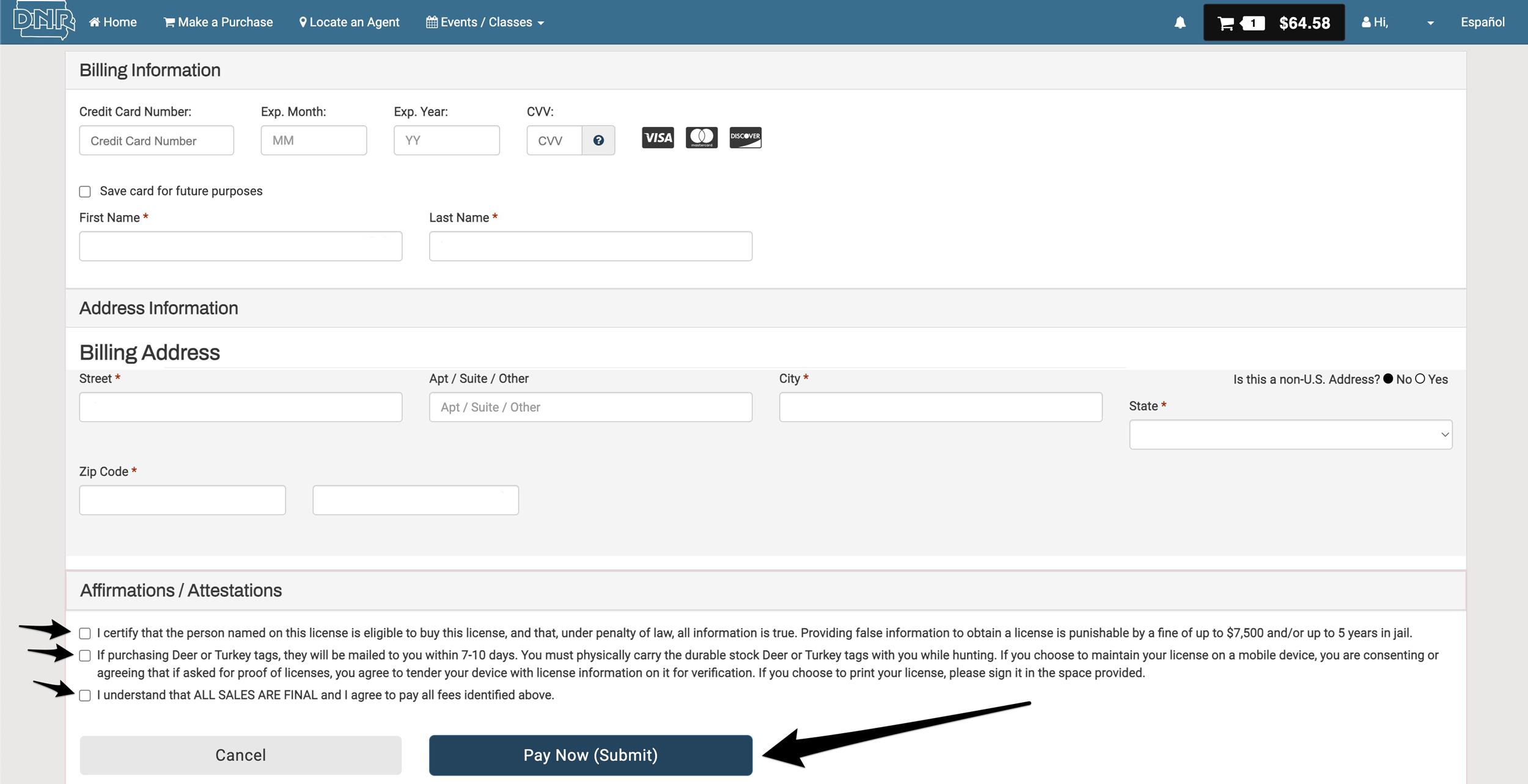 Entering in credit card information for Iowa nonresident deer preference point purchase