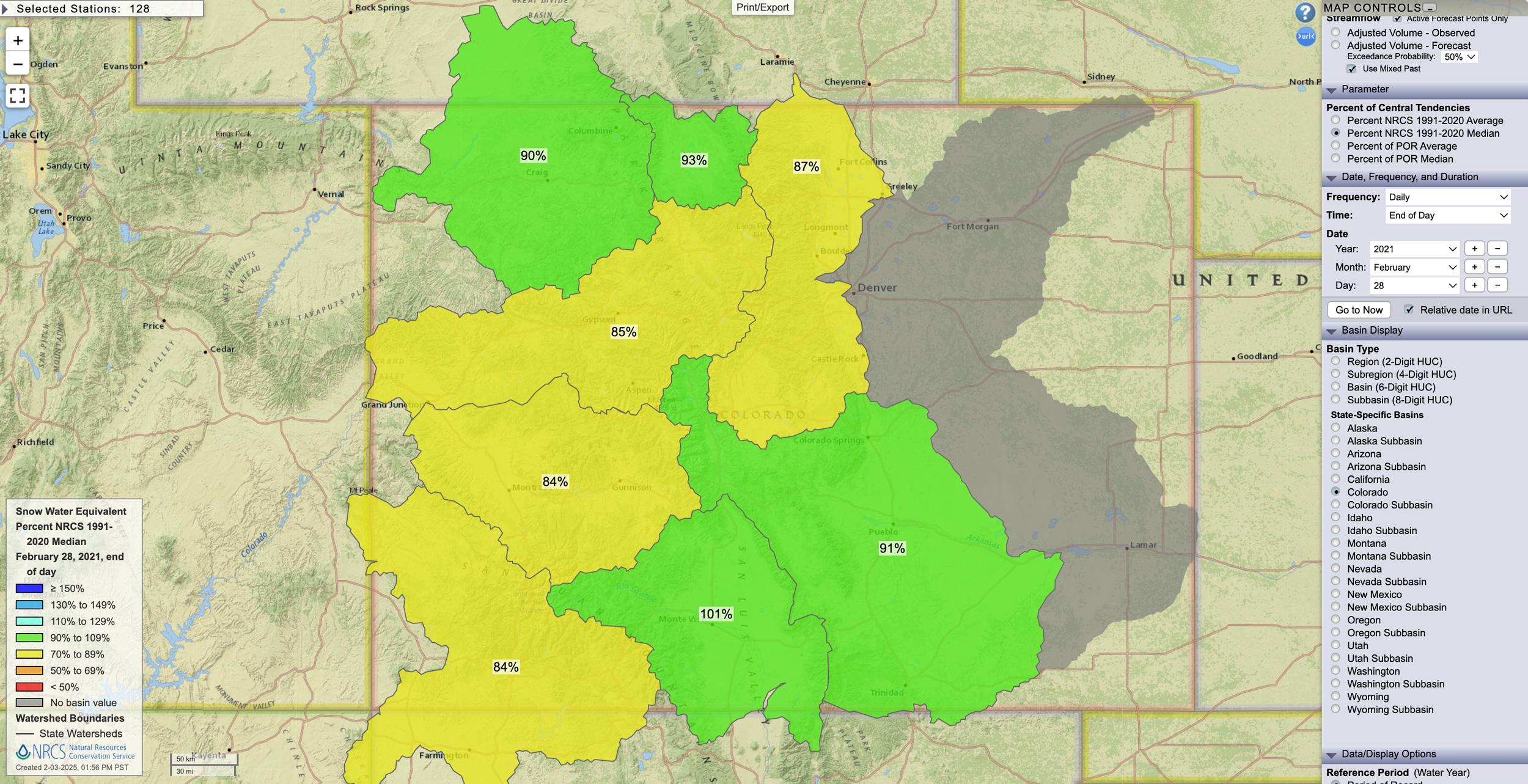 Colorado February 28, 2021 snow water equivalent percent map