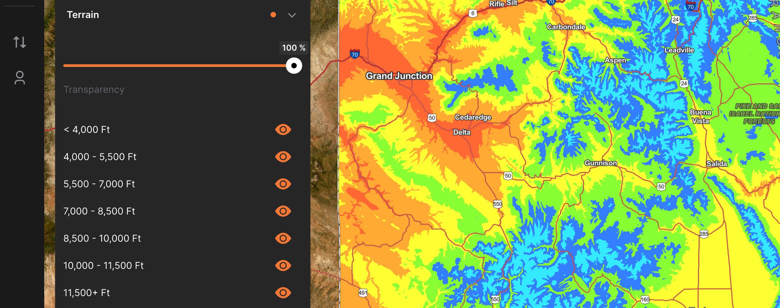 Snapshot of GOHUNT Terrain elevation band toolbar