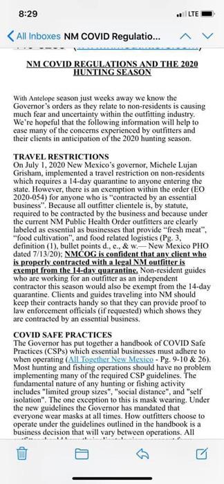 New mexico screenshot on covid 19 and hunting