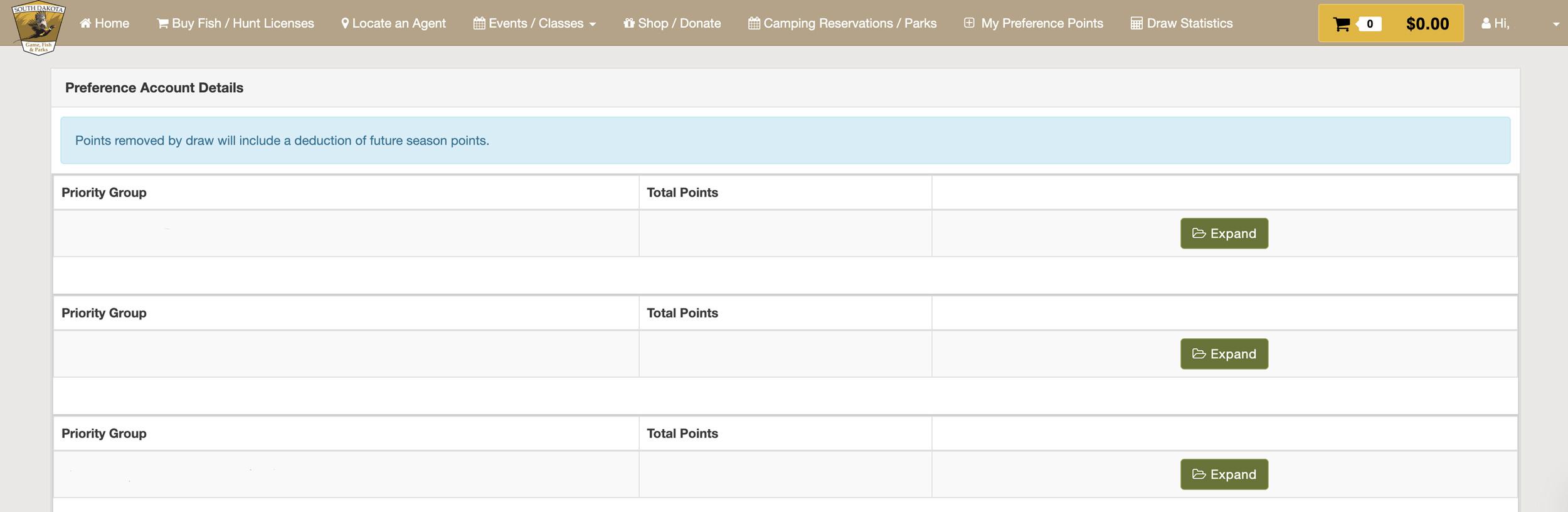 Viewing your South Dakota hunting preference point totals