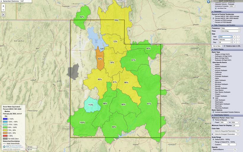 Oregon February 28, 2022 snow water equivalent percent map
