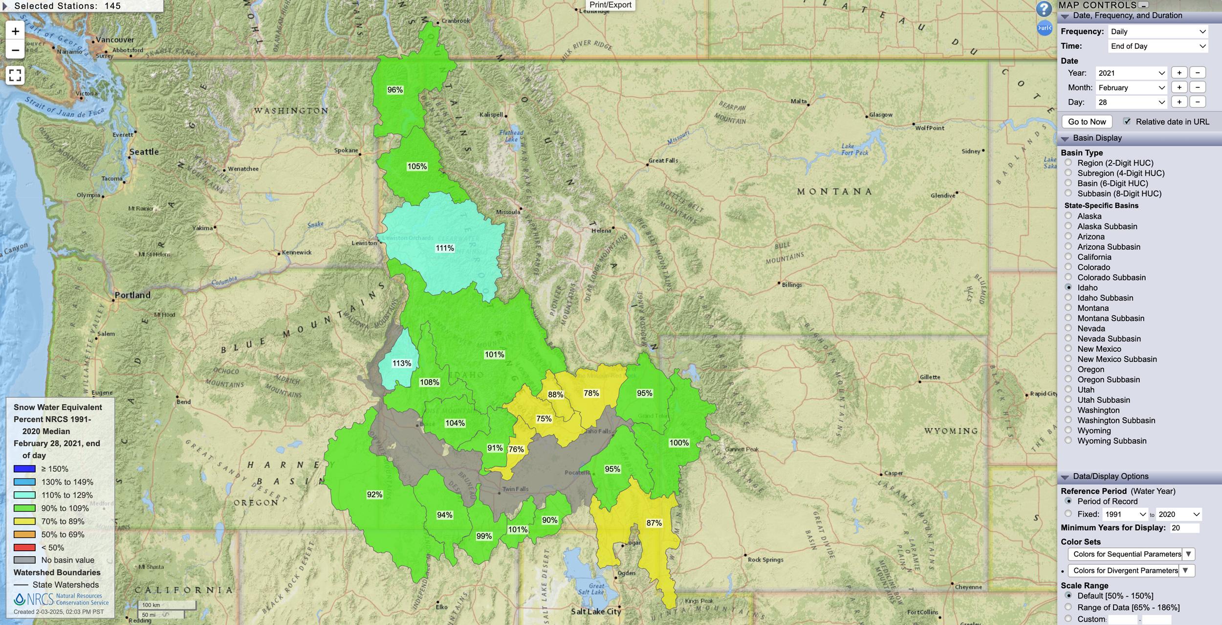 Idaho February 28, 2021 snow water equivalent percent map