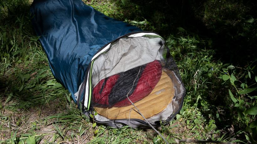 Showing the bug net on a bivy sack