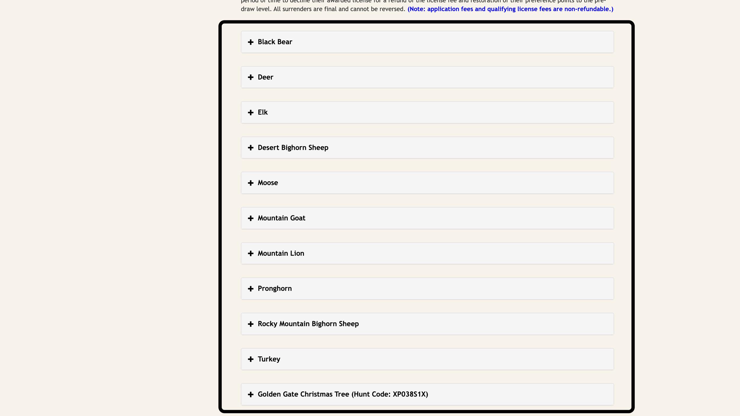 Species list in Colorado to apply or purchase preference points