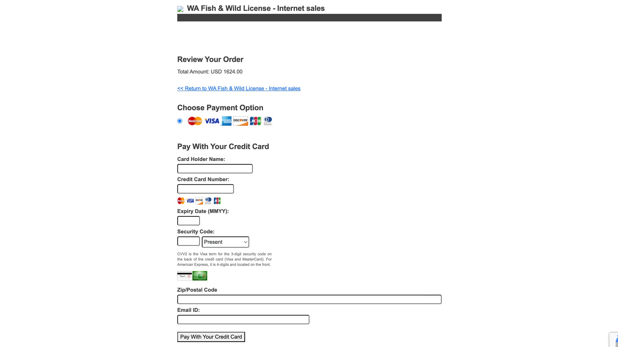 Enter in your credit card information to submit Washington hunting points application