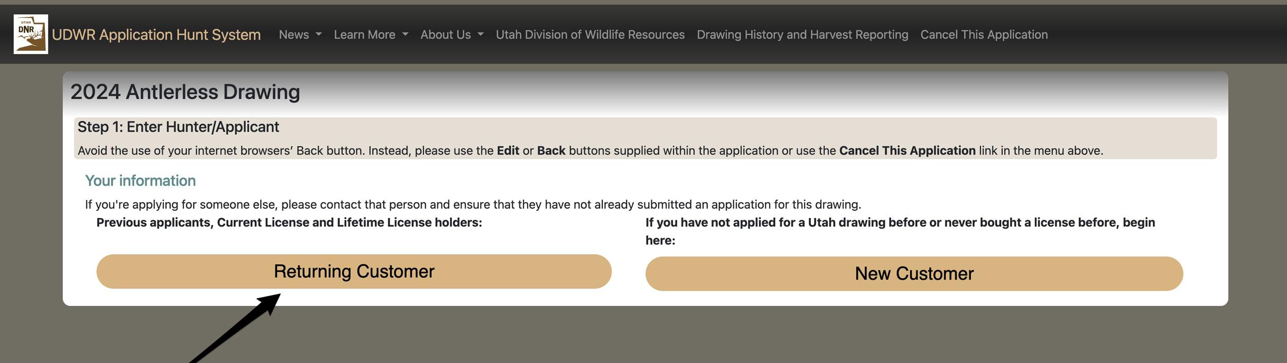 Selecting returning customer or new customer during Utah points only purchase period