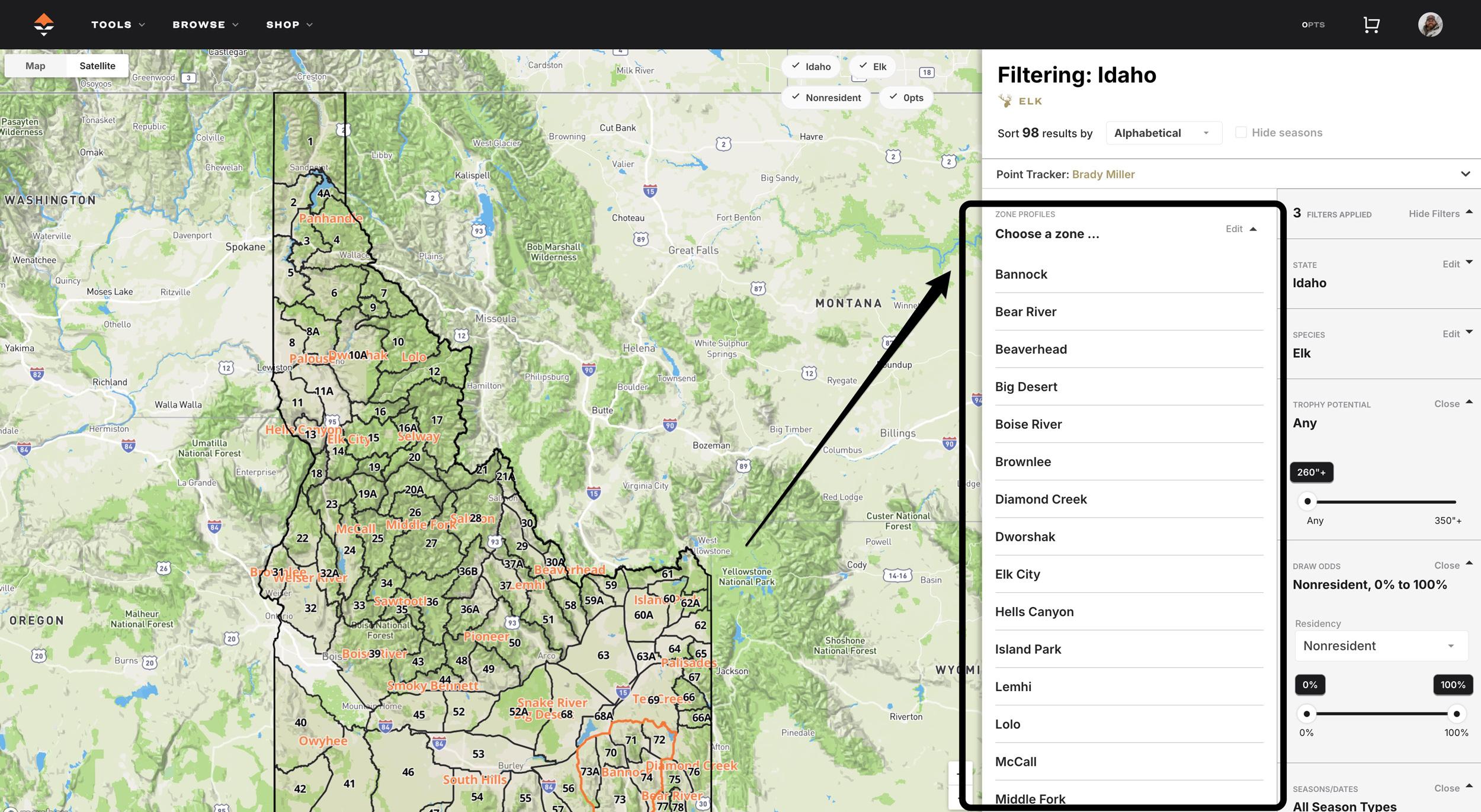 Idaho elk zone information on GOHUNT Filtering research tools