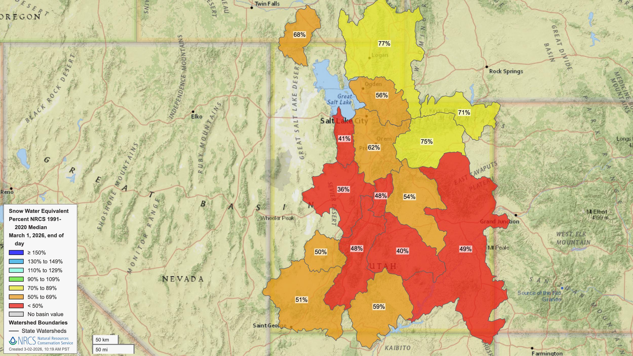 Utah early March 2026 snow water equivalent map