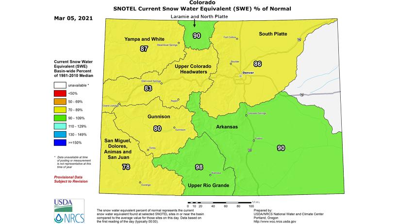 Colorado March 2021 snow water equivalent map