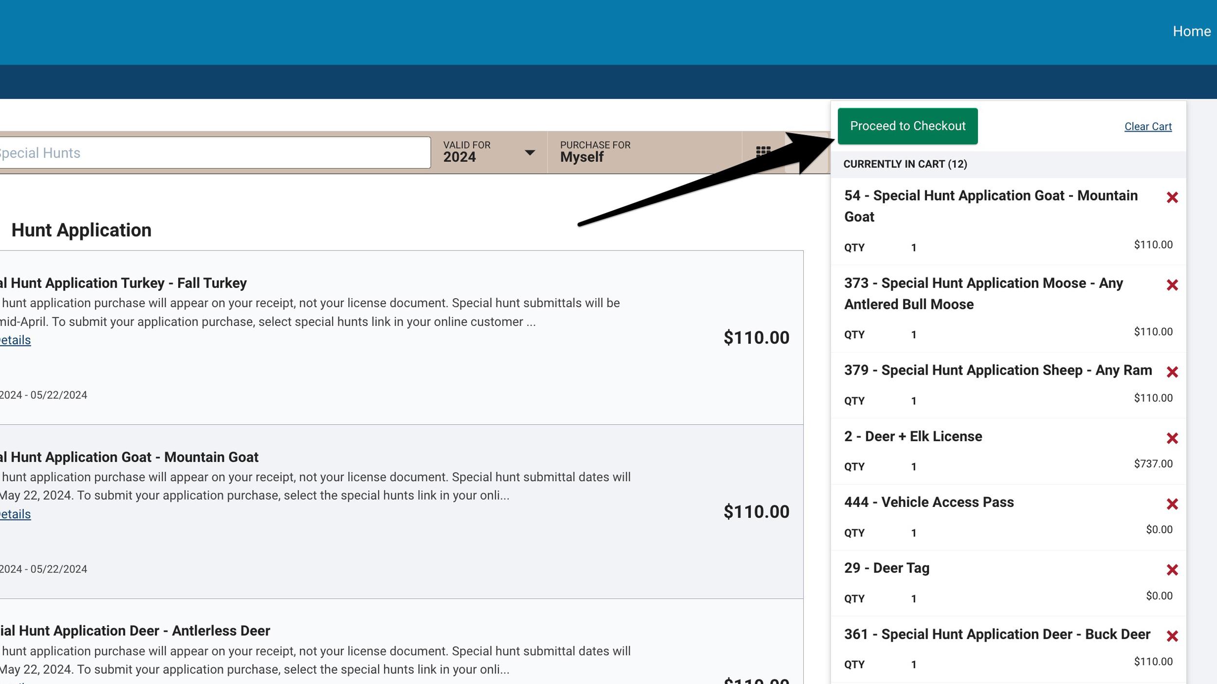 After selecting all of your Washington hunting applications click proceed to cart