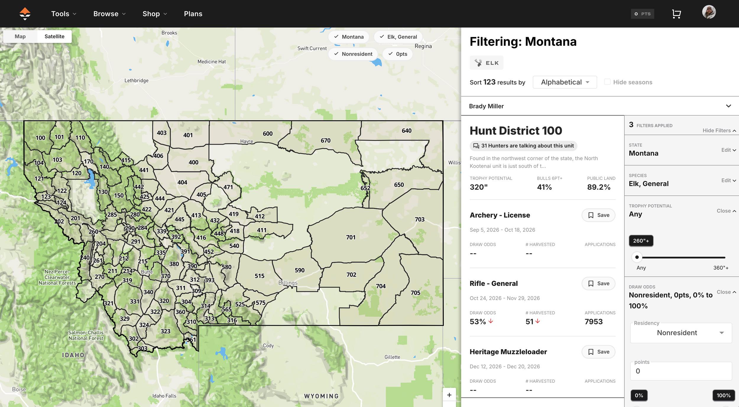 Montana general season elk hunt districts on GOHUNT Filtering research tool