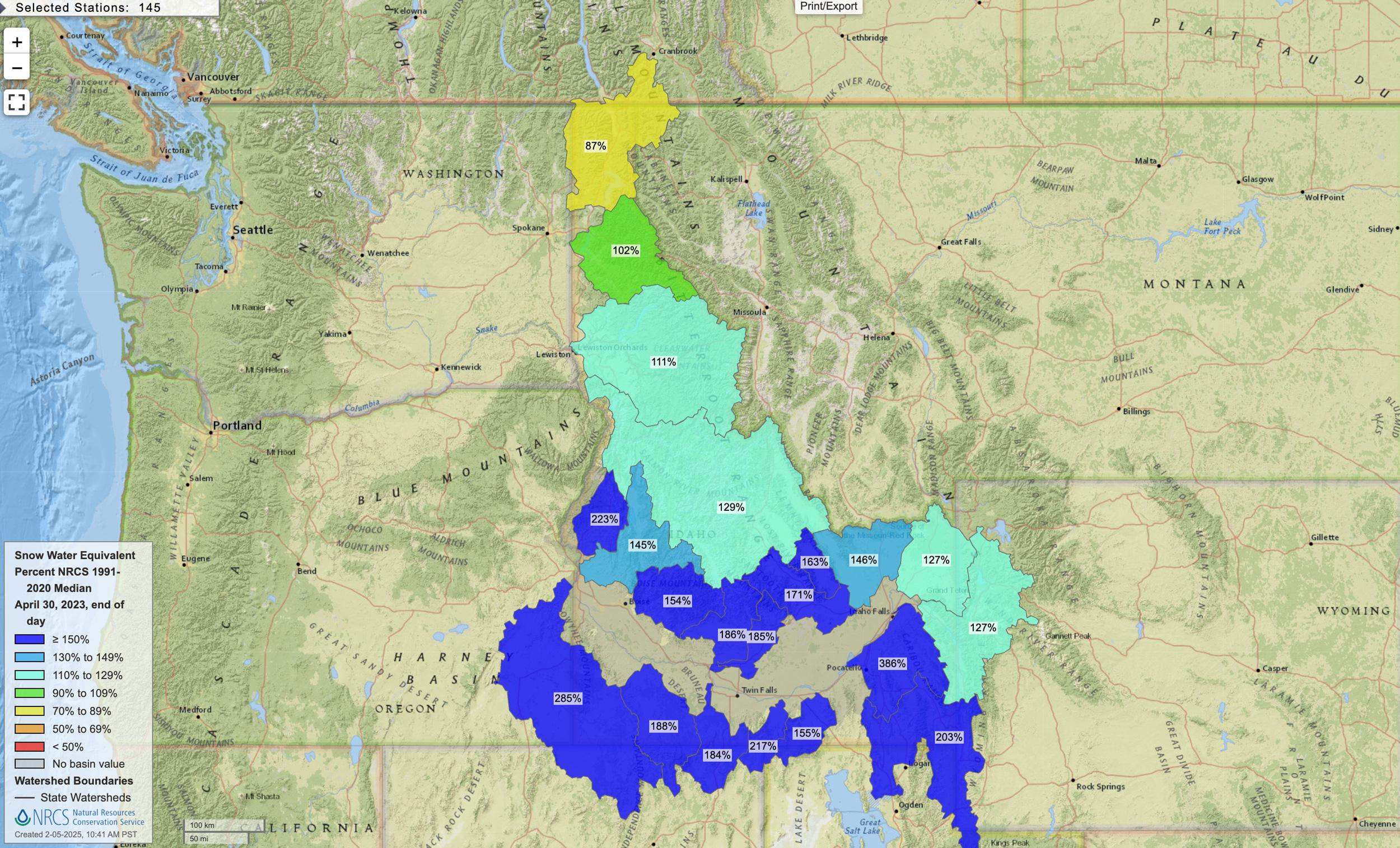 Idaho April 30, 2023 snow water equivalent percent map