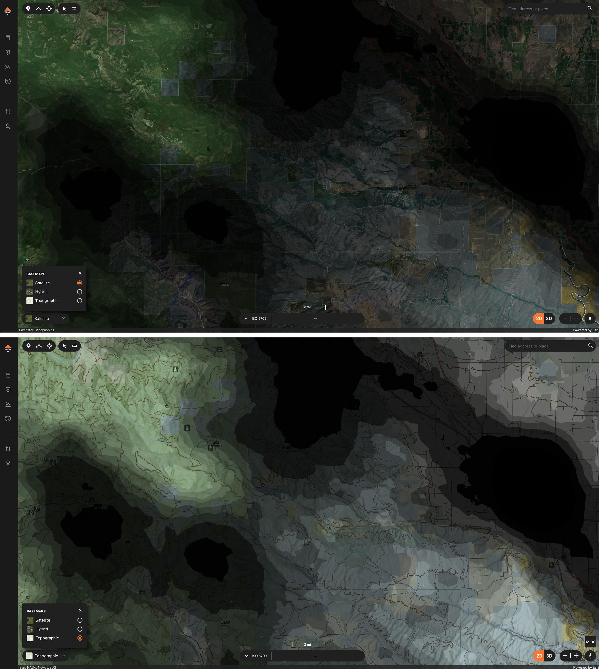 GOHUNT Road Density map layer example on satellite and topographic view