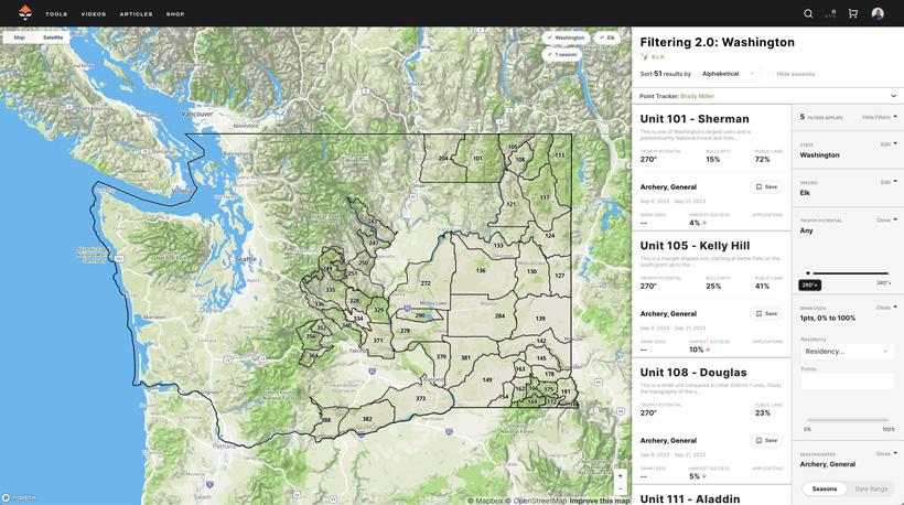 Using GOHUNT filtering to find elk hunts in home state