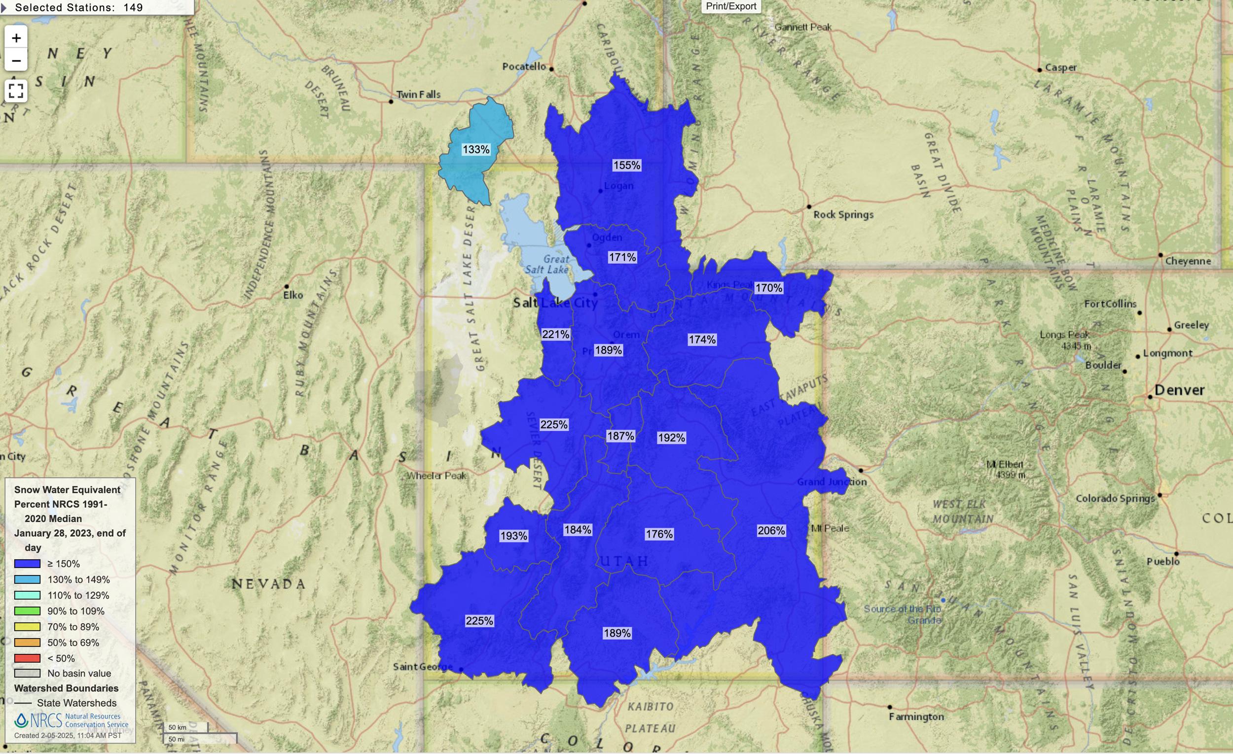 Utah January 28, 2023 snow water equivalent percent map