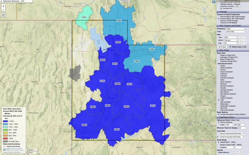 Utah February 28, 2023 snow water equivalent percent map
