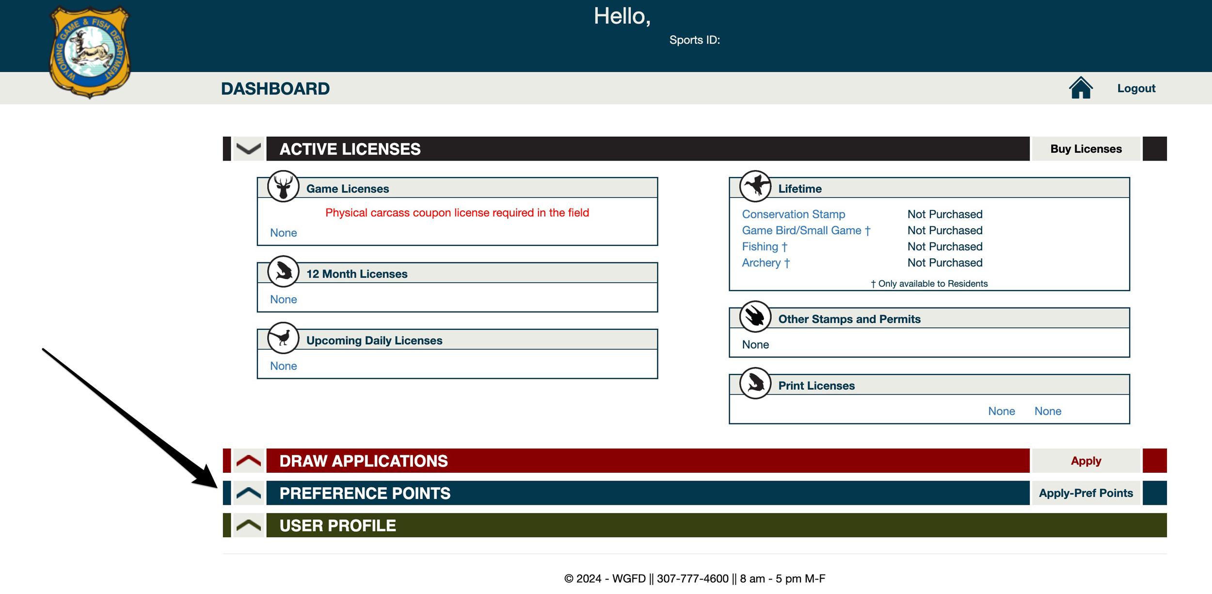 Wyoming Game and Fish Department user account dashboard view
