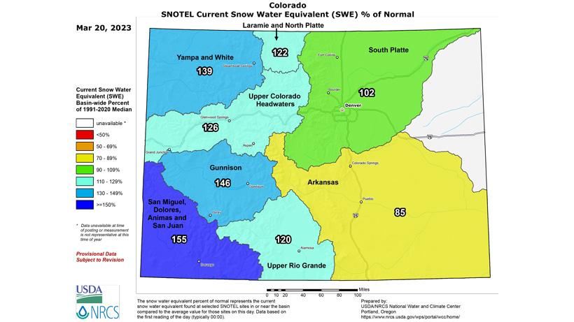 2023 march colorado snow water equivalent map