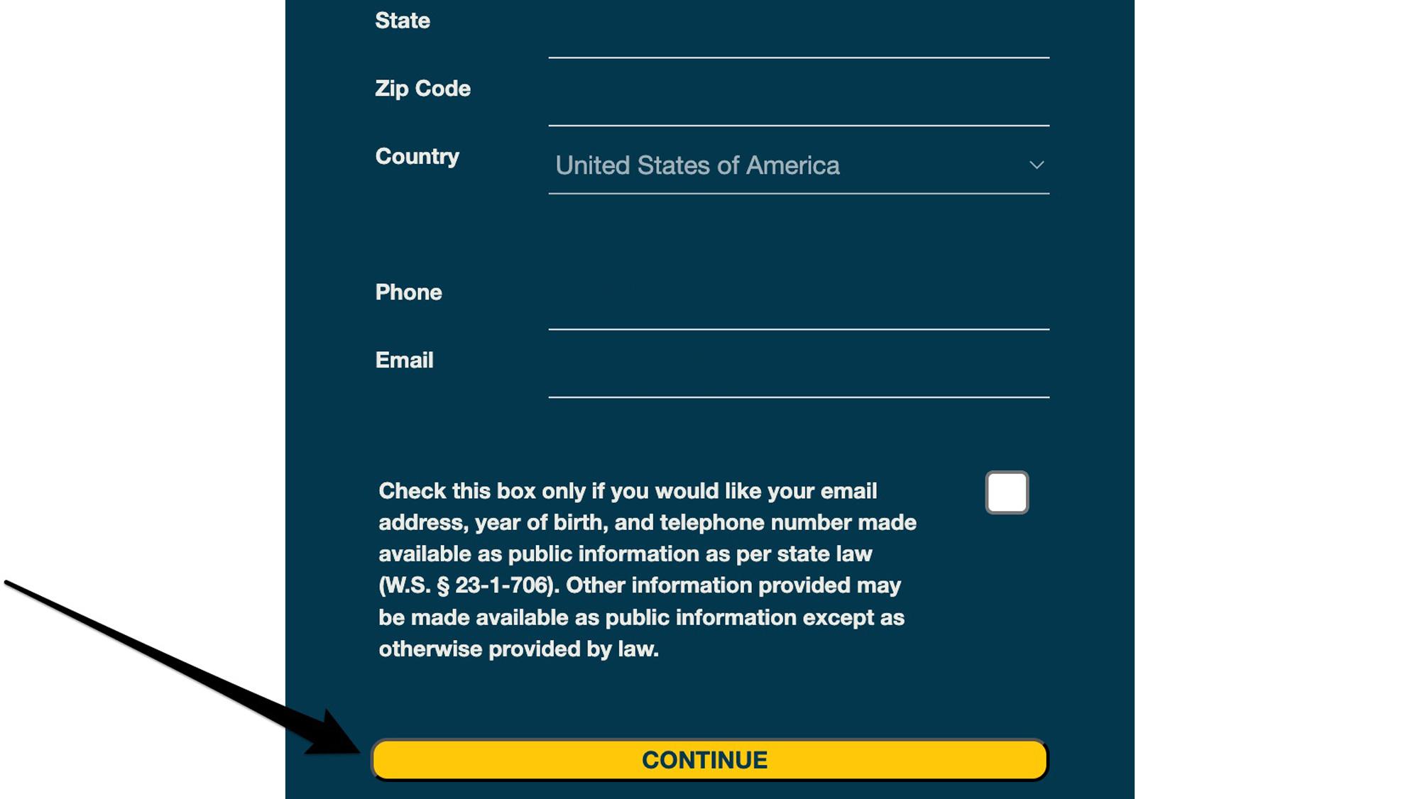 Confirming personal details on Wyoming account page