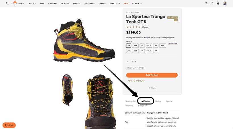 GOHUNT’s custom boot stiffness scale on each boot product page in the Gear Shop