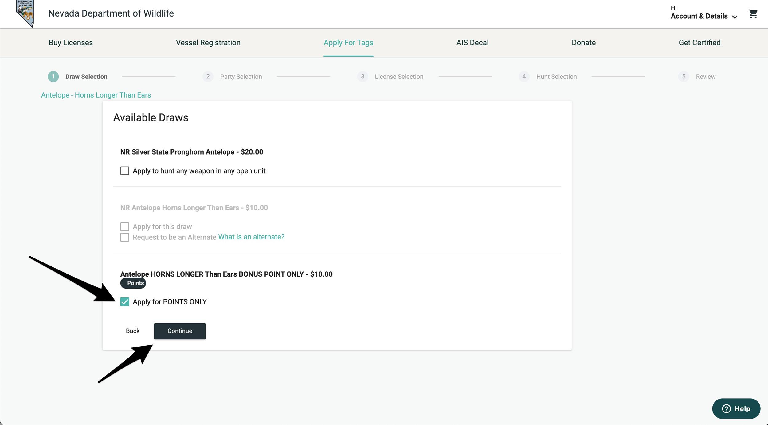 Applying for Points Only in Nevada for each species