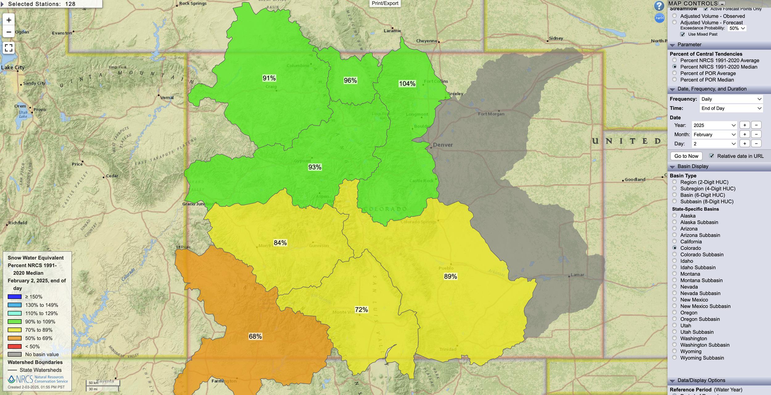 Colorado February 2, 2025 snow water equivalent percent map